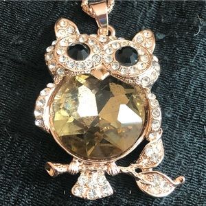 Jeweled Owl pendant (Topaz/Onyx/Rhinestones) & 30” Gold Tone Chain NWT